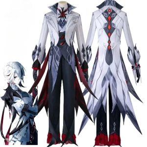Cosplay da Arlecchino, de Genshin Impact, em manequim: casaco claro de pontas vermelhas, colete e calça escura