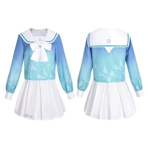 Uniforme marinheiro azul e saia branca da Arona, Blue Archive, de frente e de costas