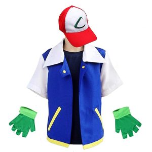 Traje infantil do Ash Ketchum, de Pokémon: colete azul, boné e luvas verdes