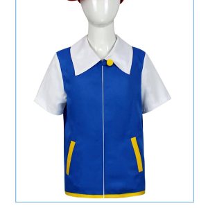 Traje do Ash Ketchum, de Pokémon, jaqueta azul de gola branca e boné vermelho
