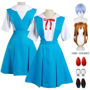 Uniformes escolares azuis da Asuka e da Rei, de Evangelion, com perucas e presilhas