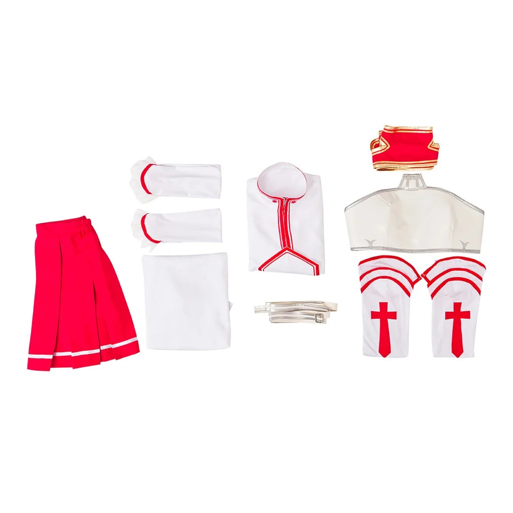 Saia vermelha, mangas, luvas e peitoral branco do cosplay da Asuna, Sword Art Online