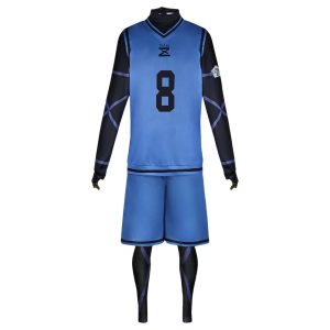 Uniforme azul nº 8 do Bachira com mangas e meias pretas sob a camisa e o shorts