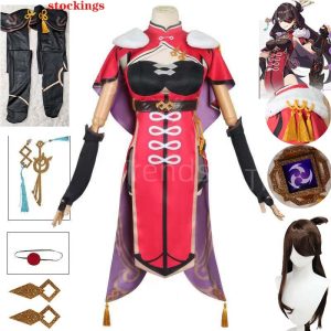 Beidou, de Genshin Impact: vestido vermelho e preto, capa, botas, peruca e acessórios