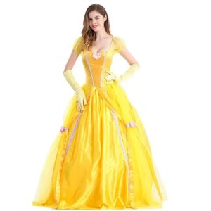 Vestido de baile amarelo e longo da Bela, de A Bela e a Fera, com luvas