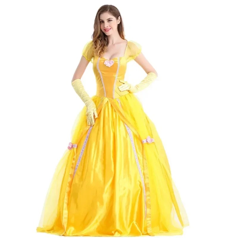 Vestido de baile amarelo e longo da Bela, de A Bela e a Fera, com luvas