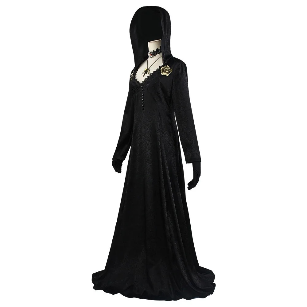 Cosplay da Bela, filha de Dimitrescu, em manequim: vestido preto longo com capuz e luvas