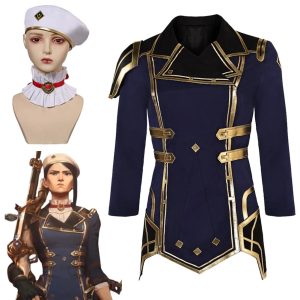 Casaco azul-marinho de detalhes dourados do cosplay da Caitlyn, de Arcane, ao lado da personagem
