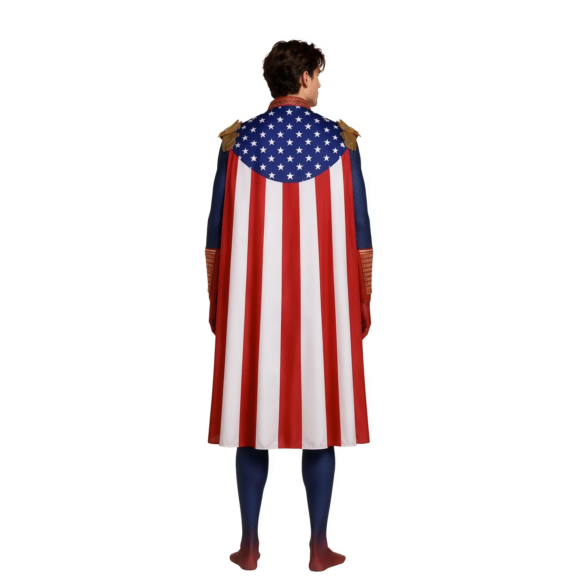 Costas do traje do Capitão Pátria com a capa da bandeira dos Estados Unidos
