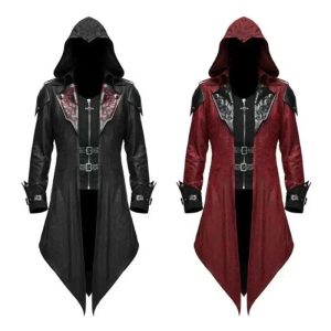 Casaco longo de assassino com capuz, em preto e vermelho, inspirado em Assassin's Creed