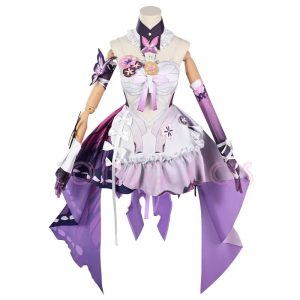 Cosplay da Castorice em manequim: vestido branco e lilás com borboleta e flores, Honkai: Star Rail
