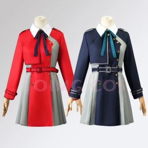 Uniformes de Lycoris Recoil: casaco vermelho da Chisato e azul-marinho da Takina com saia plissada cinza