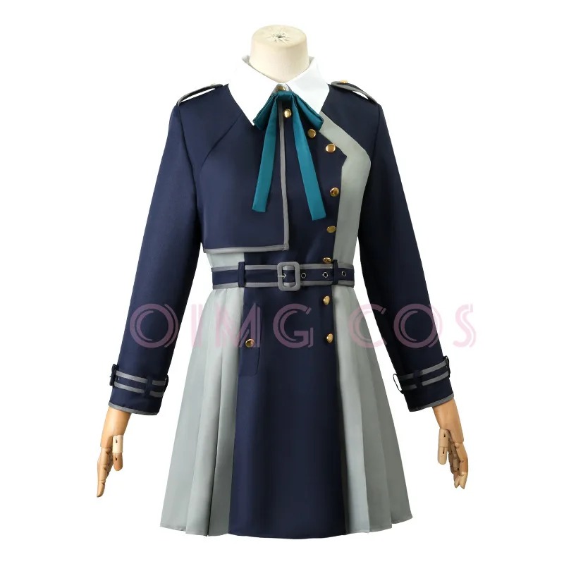 Uniforme azul-marinho com gravata verde e saia plissada cinza do cosplay da Takina, Lycoris Recoil