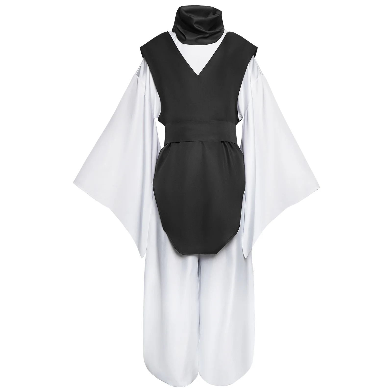 Cosplay do Choso, de Jujutsu Kaisen, em preto: colete, gola e faixa pretos sobre quimono branco