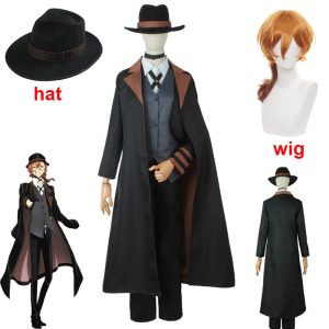 Traje do Chuuya Nakahara, de Bungou Stray Dogs: sobretudo preto, chapéu e peruca ruiva