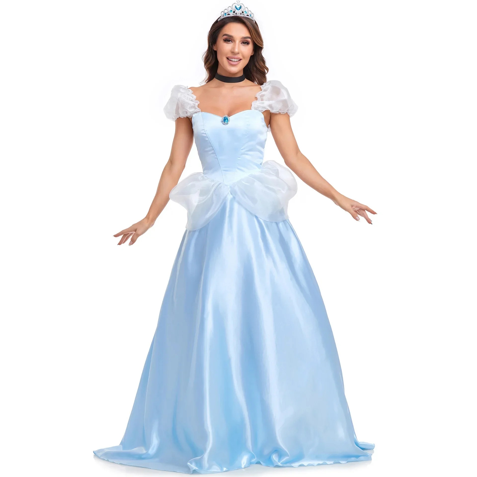 Vestido de princesa azul-claro da Cinderela visto de frente