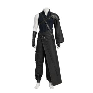 Traje preto do cosplay do Cloud Strife, de Final Fantasy VII, em manequim, de frente