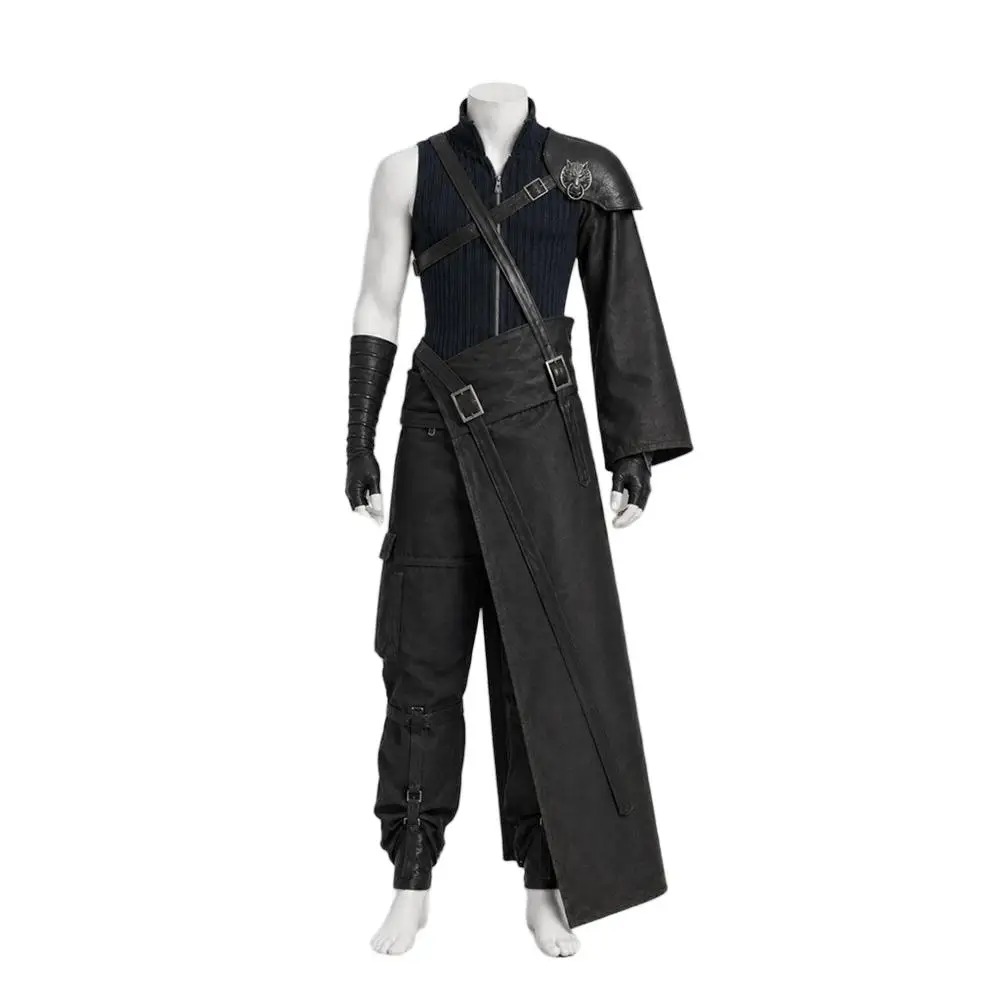 Traje preto do cosplay do Cloud Strife, de Final Fantasy VII, em manequim, de frente