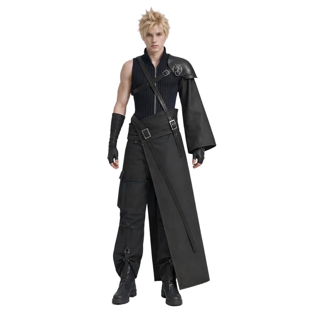 Cosplay do Cloud Strife, de Final Fantasy VII, com ombreira, cintos e saia-calça longa preta