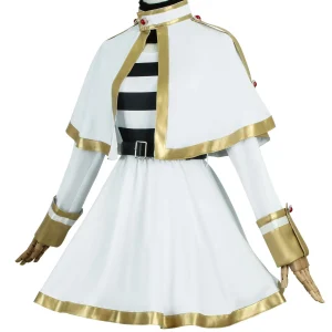 Cosplay completo da Frieren: capa branca com detalhes dourados, blusa listrada e saia branca