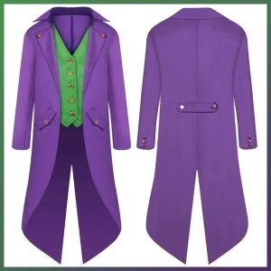 Casaca roxa e colete verde do cosplay do Coringa (Joker), de frente e de costas