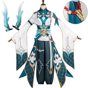 Dan Heng Imbibitor Lunae de Honkai: Star Rail, cosplay num manequim com chifres de cristal azul