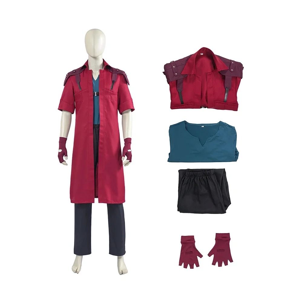 Cosplay do Dante em manequim: casaco vermelho, camiseta azul, calça preta e luvas, Devil May Cry 5