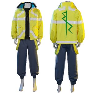 Cosplay do David Martinez, de Cyberpunk: Edgerunners, com jaqueta amarela refletiva e calça azul
