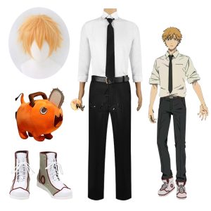 Cosplay do Denji, de Chainsaw Man: camisa branca, calça preta, gravata, peruca, tênis e Pochita