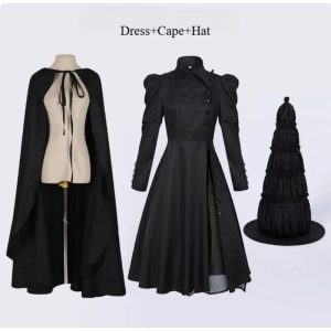 Vestido preto, capa e chapéu de bruxa do cosplay da Elphaba, de Wicked