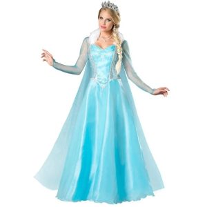 Vestido azul longo da Elsa com capa transparente e coroa, visto de frente