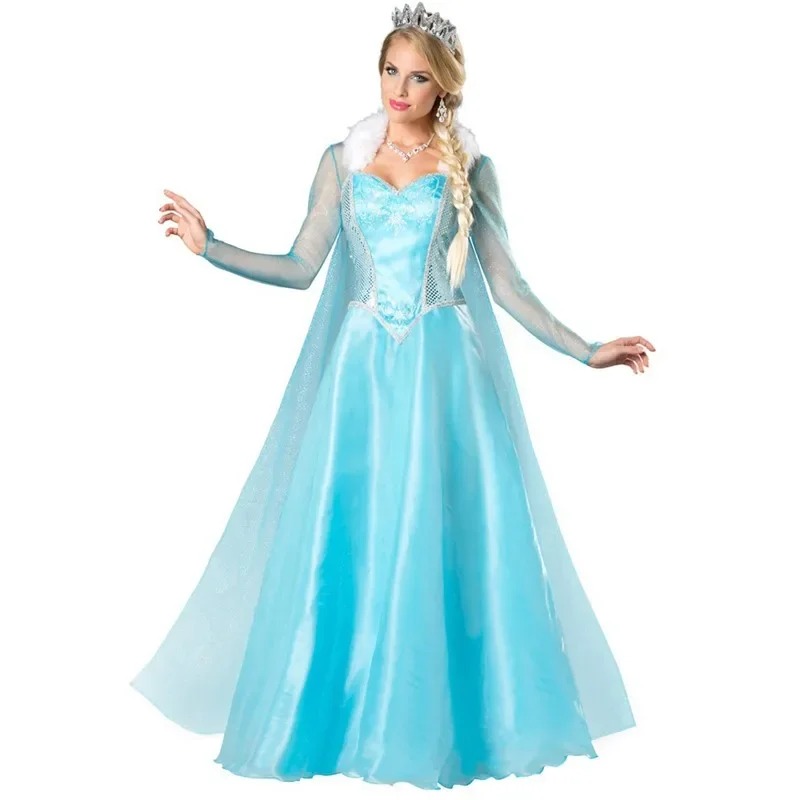 Vestido azul longo da Elsa com capa transparente e coroa, visto de frente