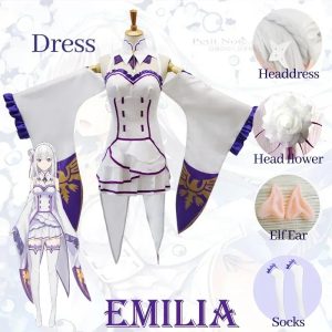 Vestido branco de detalhes roxos e dourados do cosplay da Emilia, com orelhas de elfo, Re:Zero