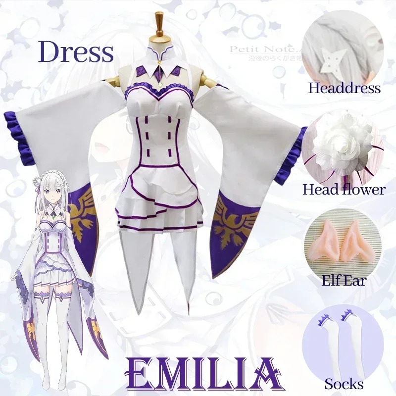 Vestido branco de detalhes roxos e dourados do cosplay da Emilia, com orelhas de elfo, Re:Zero