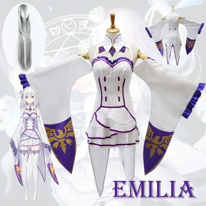 Cosplay da Emilia em manequim com a peruca prateada ao lado, Re:Zero