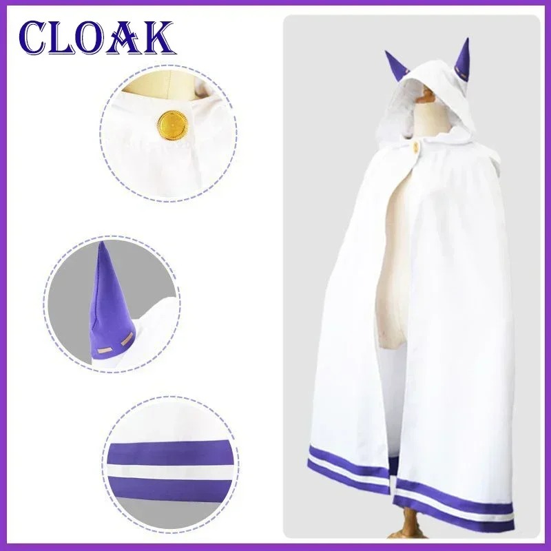 Capa branca com capuz e listras roxas do cosplay da Emilia, Re:Zero