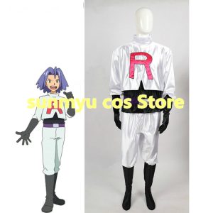 Traje do James, da Equipe Rocket, de Pokémon: conjunto branco com R vermelho e luvas pretas