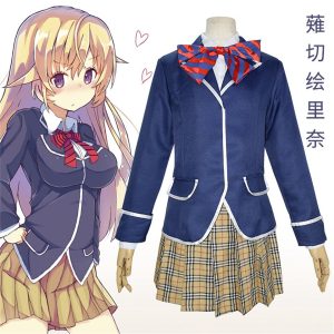 Uniforme da Erina Nakiri, de Food Wars: blazer azul-marinho, laço xadrez e saia xadrez bege