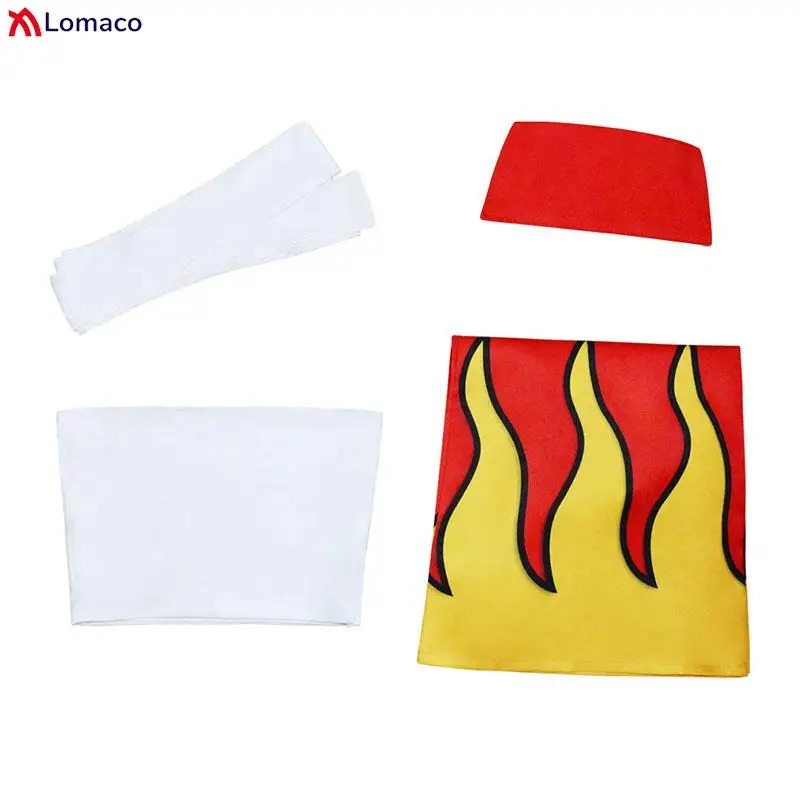 Luvas, top branco e faixa vermelha com chamas do cosplay da Erza Scarlet, Fairy Tail