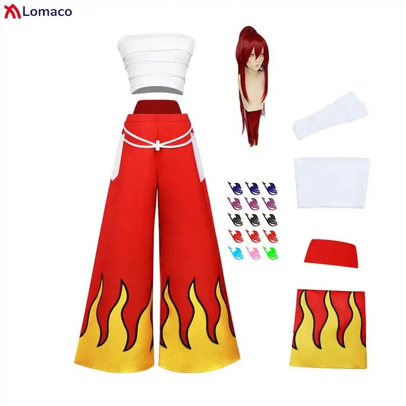 Traje da Erza com peruca vermelha, adesivos da guilda e peças separadas, Fairy Tail