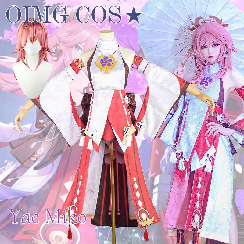 Traje da Yae Miko, de Genshin Impact, branco e vermelho, com peruca rosa