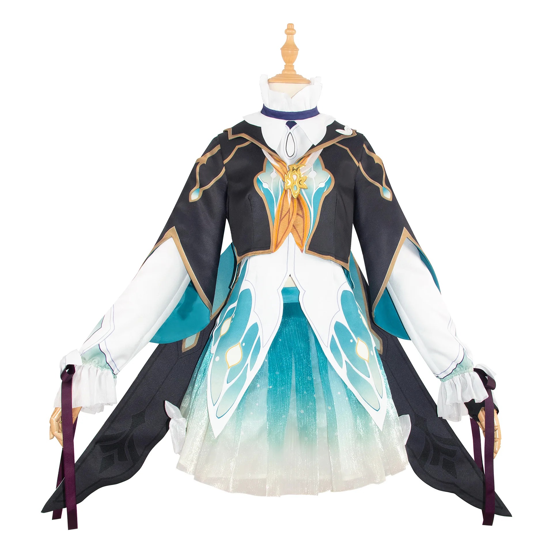 Cosplay da Firefly, de Honkai: Star Rail, em manequim: vestido branco e verde-água com casaco preto