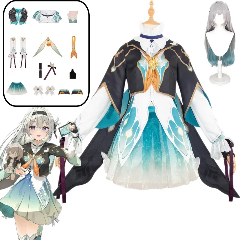 Conjunto do cosplay da Firefly, de Honkai: Star Rail, com a peruca prateada e as peças separadas