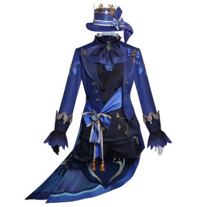 Cosplay da Furina, de Genshin Impact, com casaco azul de cauda, colete e short pretos e chapéu