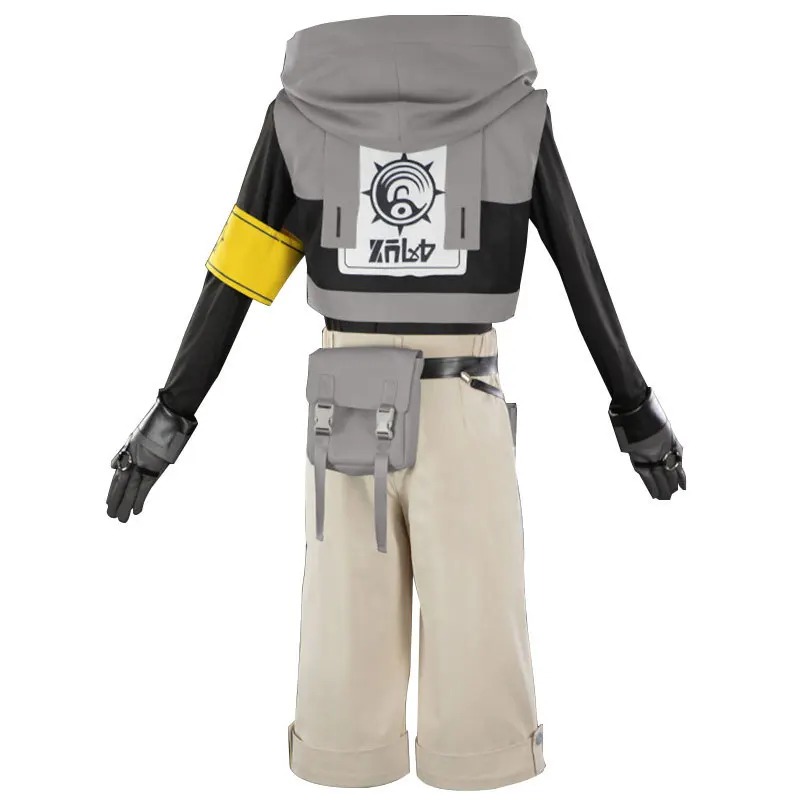 Traje do Rudo em Gachiakuta: blusa preta, colete cinza com capuz, braçadeira amarela e calça bege