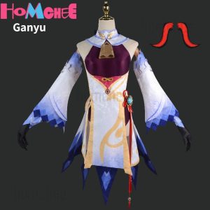 Traje da Ganyu, de Genshin Impact, branco, azul e roxo, com chifres vermelhos