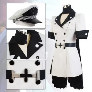 Casaco branco de detalhes pretos e quepe, peças do cosplay da Esdeath (Akame ga Kill!)