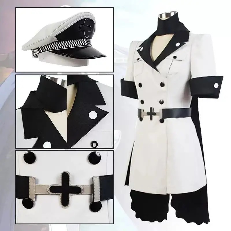 Casaco branco de detalhes pretos e quepe, peças do cosplay da Esdeath (Akame ga Kill!)