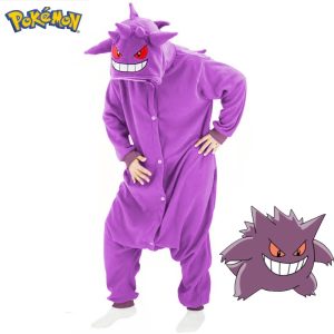 Macacão pijama roxo do Gengar, de Pokémon, com orelhas pontudas no capuz
