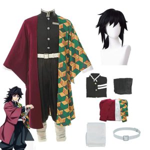 Giyuu Tomioka, de Demon Slayer: haori vermelho e verde, uniforme preto e peruca